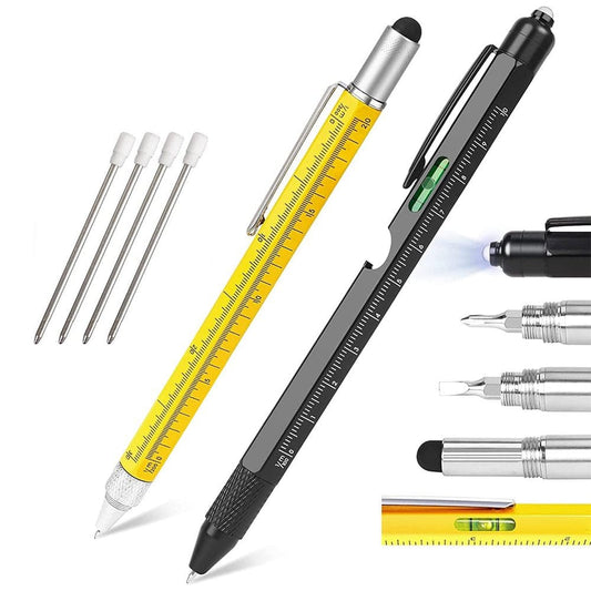 2Pcs Multi Tool Pen All in 1 Ballpoint Pen with Ruler Level Phillips Flat Head Screwdriver Gadgets Pocket Multitool Pen Multifunctional Engineer Woodworkers Carpenter Construction Tools