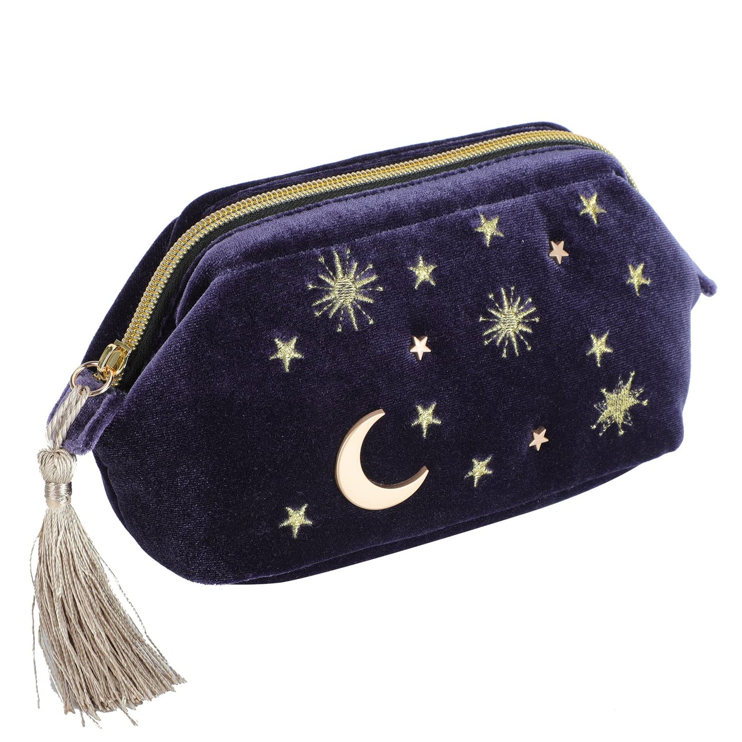 Handy cosmetic makeup bag,Navy Velvet Embroidered Applique Moon Stars Cosmetic Bag,Starry Makeup Pouch with Tassels & Pearl Zipper,Beautician Storage Bag