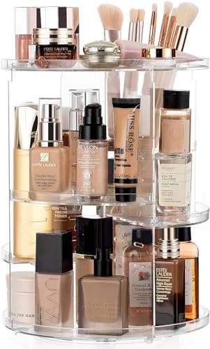 HBlife 360 Rotating Makeup Organizer Large Capacity Carousel Adjustable Revolving Perfume Organizer Skincare Organizers Cosmetic Storage Spinning Holder for Vanity, Clear