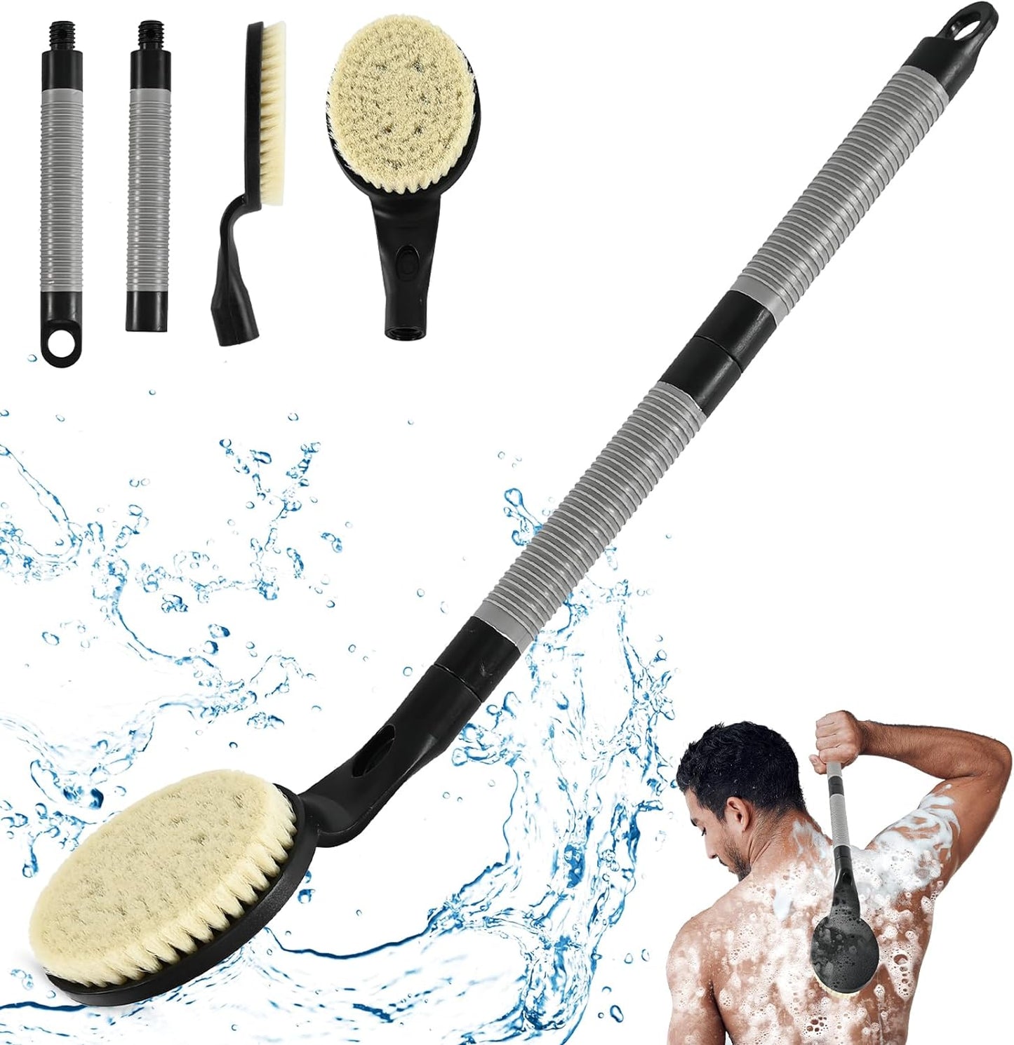 Back Scrubber Anti Slip for Shower, 21.7” Detachable Back Bath Brush for Shower, Back Scrubber, Exfoliation and Improved Skin Health for Elderly with Limited Arm Movement, Disabled (21.7” Black)